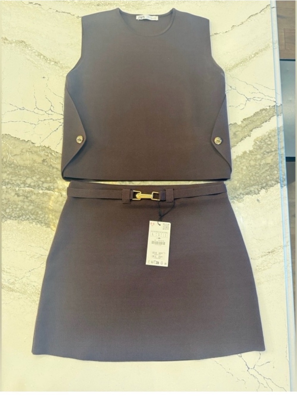 Zara Dark Brown Knit Top and Belted Skirt Set